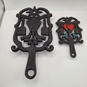 Lot of 2 Vintage Cast Iron Pennsylvania Dutch Trivets One Painted Love Birds